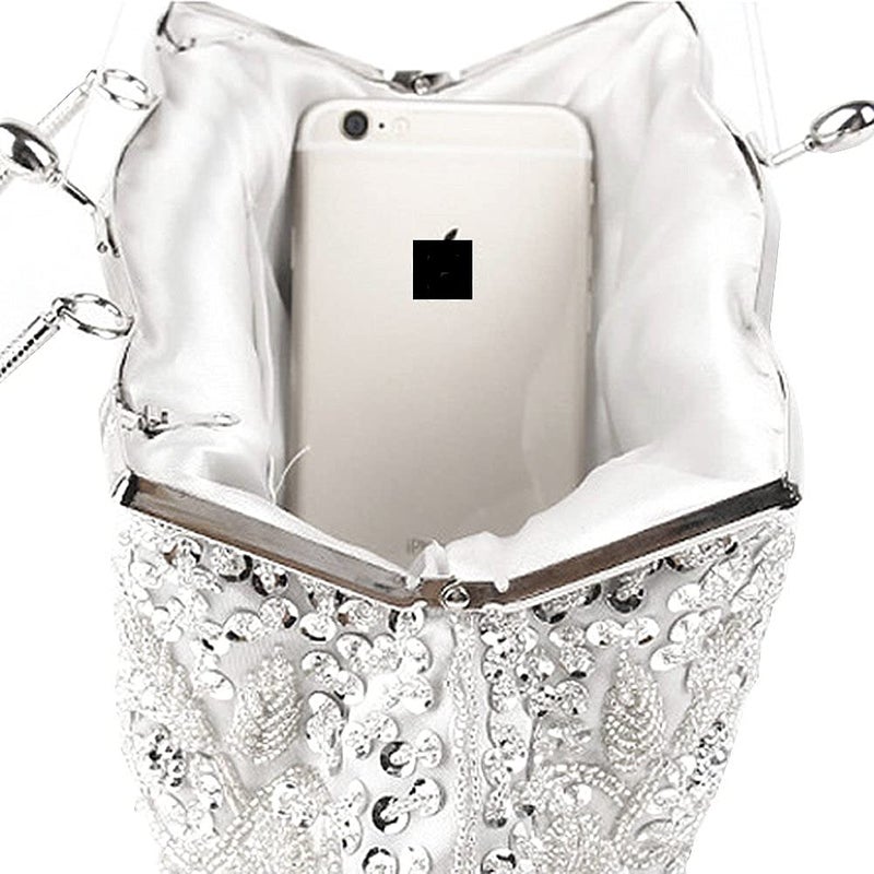 Simcat SSMY Beaded Sequin Design Flower Evening Purse Large, Silver, Size One Size - Image 5